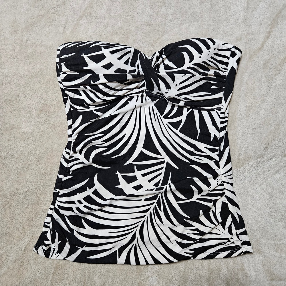 Liz Claiborne Womens Medium Black White Tropical Palm Tankini Swim Top Bandeau
